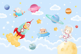 可爱宇航员卡通火箭星球太空背景
