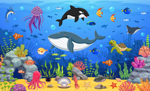 海底世界卡通鲸鱼海龟珊瑚背景墙