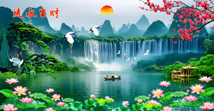 高山流水瀑布山水画