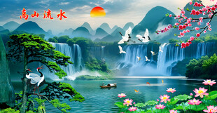 富水长流瀑布山水画