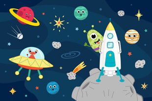 卡通宇宙星球外星人火箭太空背景