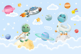 卡通外太空星球恐龙宇航员背景墙