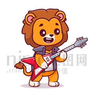 可爱卡通弹贝斯的狮子