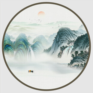 圆形水墨山水画