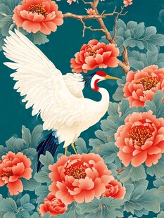 花鳥仙鶴圖 国画写意花鸟水墨真迹牡丹仙鹤图松鹤千秋四尺竖幅画芯68cm*138cm