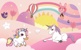 卡通彩虹云朵可爱独角兽背景墙图
