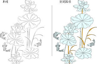 荷花与鱼 矢量图