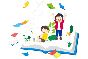 手绘翻开书本书籍小孩阅读玩耍