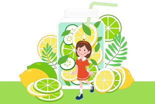 卡通手绘夏季青桔金桔柠檬茶饮料