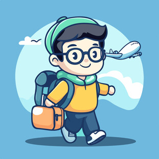 卡通矢量手绘出门旅游的男孩插画