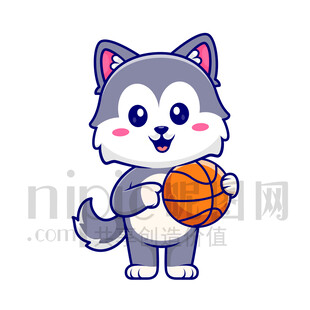 可爱卡通抱着篮球的大灰狼