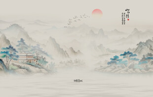 新中式山水画电视背景墙壁纸