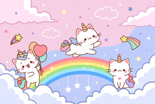 卡通彩虹云朵可爱独角兽背景墙