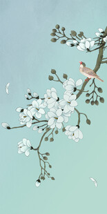 新中式白玉兰工笔花鸟玄关装饰画