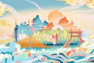 青海西宁城西区建筑物国风插画