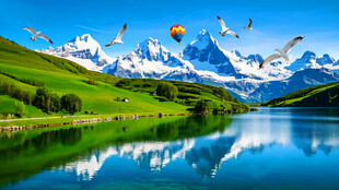 雪山湖泊风景画