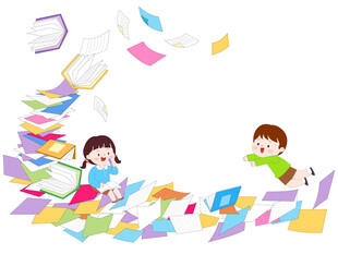 考试飞扬的书拆开的书奔跑的孩子