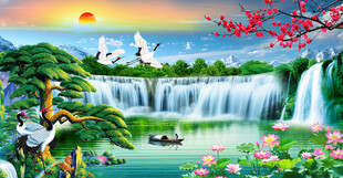 迎客松瀑布山水装饰画壁画