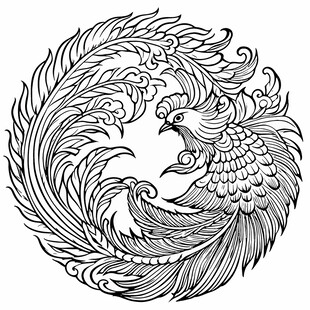 圆形凤凰图腾线描图案