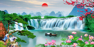 迎客松瀑布山水画