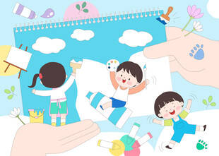 儿童趣味美术课彩色颜料画板插画