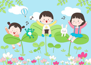 坐在叶子上的孩子玩耍儿童插画