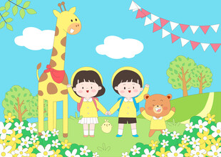 长颈鹿孩子花丛玩耍儿童教育