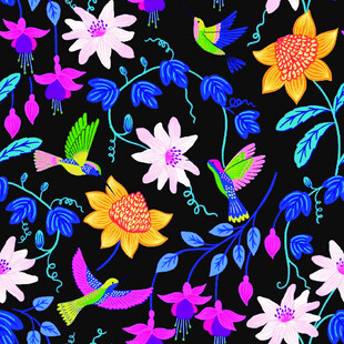 多彩花卉与飞鸟图案设计