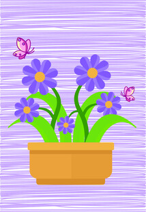 花盆中的紫色小花与蝴蝶