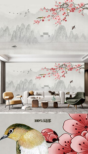 原创现代新中式手绘工笔花鸟花电