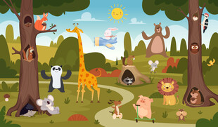 可爱动物乐园卡通森林儿童背景墙