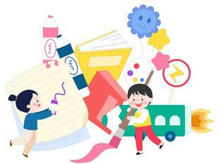 美术课铅笔飞船画画彩色颜料插画