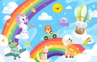 可爱动物气球卡通彩虹云朵背景墙
