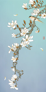 新中式玉兰花工笔花鸟玄关装饰画
