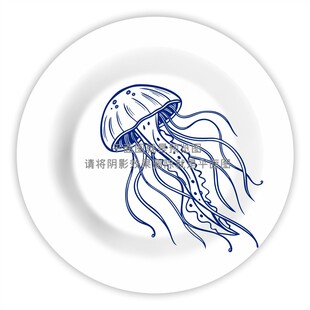 手绘水母图案白色餐盘