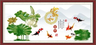 中式荷塘金鱼装饰画