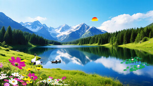 蓝天白云雪山湖泊