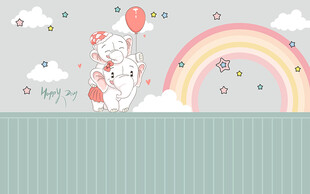 可爱卡通小象气球儿童房背景墙