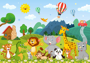 可爱动物乐园卡通山峰儿童背景墙