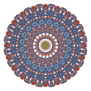 蓝色红色圆形花纹曼陀罗图案