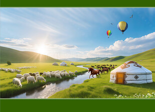 草原河流羊群牧马蒙古包