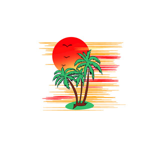 热带岛屿日落风景插画