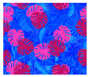 蓝底粉色龟背竹叶图案