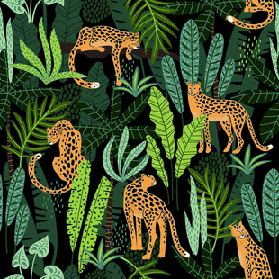 豹与热带植物的野性图案