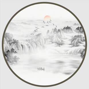 圆形水墨山水画