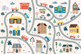 卡通城市道路汽车房子儿童背景墙