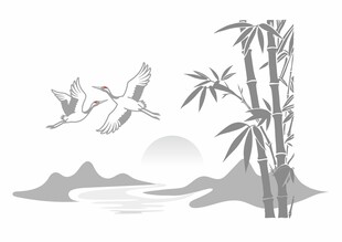 水墨山水间飞鸟伴竹景