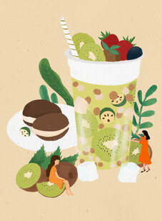 缤纷水果杯与甜点插画手绘