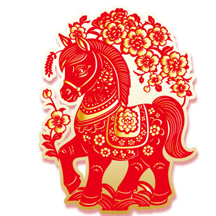 红色剪纸风吉祥骏马图案