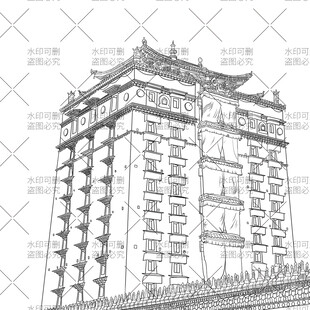 中式古建筑塔楼线描图